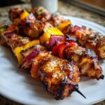 Close-up of several glistening, charred grilled chicken skewers loaded with colorful peppers and red onions.