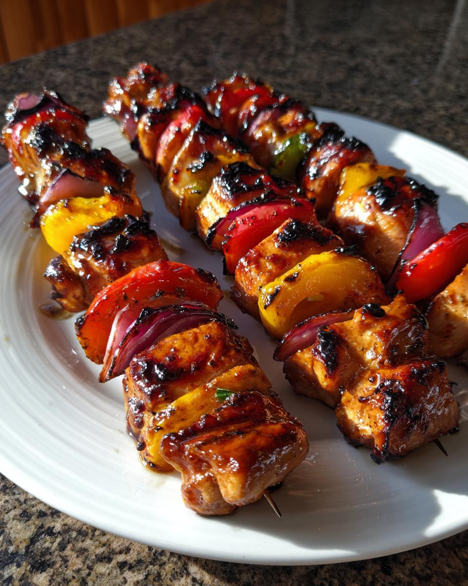 Three skewers of juicy grilled chicken skewers alternating with colorful bell peppers and red onion, glazed and slightly charred.