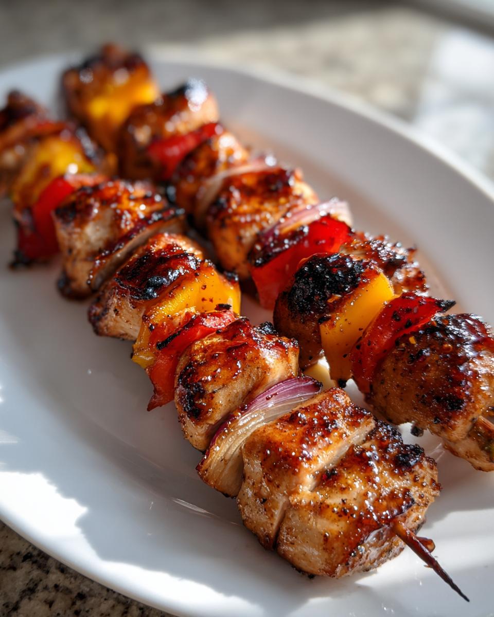 Close-up of two glistening, glazed grilled chicken skewers featuring chunks of chicken, red onion, and yellow/red bell peppers.