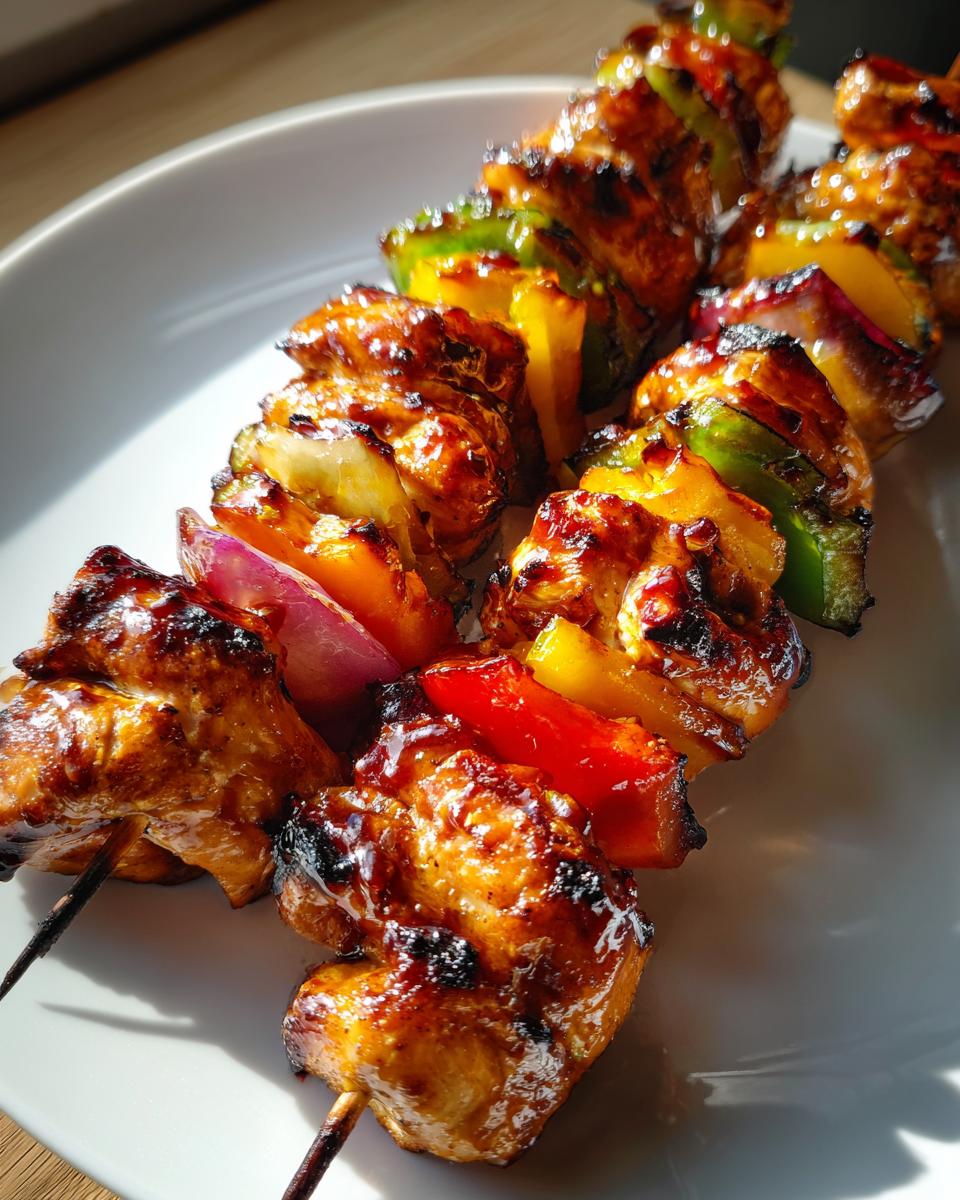 Close-up of two glistening, glazed grilled chicken skewers loaded with colorful bell peppers and red onion.