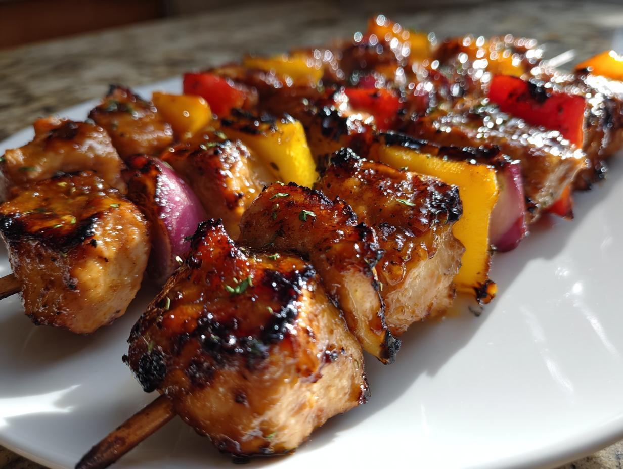 Close-up of glazed, perfectly charred grilled chicken skewers alternating with red onion and yellow bell pepper pieces.