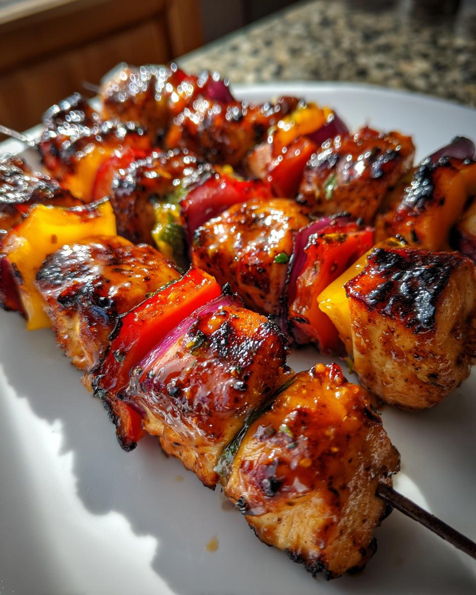 Close-up of two skewers featuring glazed, charred grilled chicken skewers interspersed with red onion and yellow bell peppers.