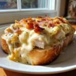 Close-up of a delicious Kentucky Hot Brown topped with melted cheese, sliced turkey, and crispy bacon bits on thick toast.