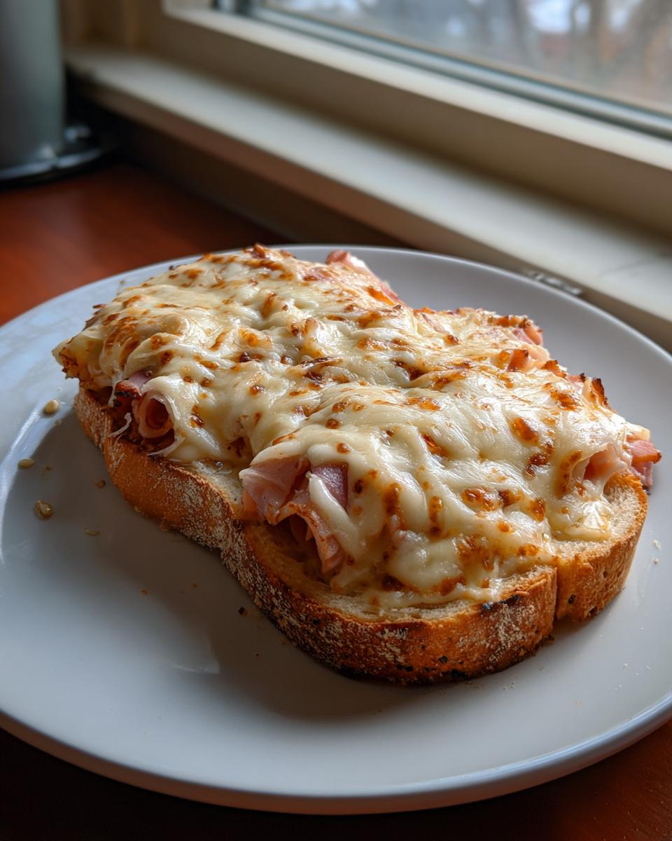 A close-up of a Kentucky Hot Brown sandwich featuring thick toast, ham, and a generous layer of bubbly, browned cheese sauce.