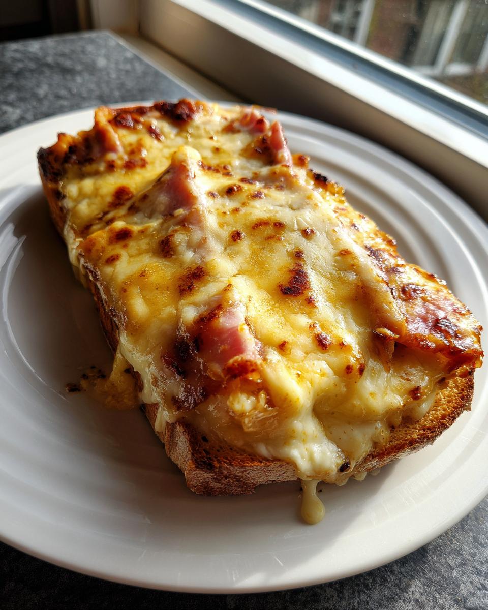 Close-up of a perfectly broiled Kentucky Hot Brown sandwich slice with melted, bubbly cheese dripping slightly onto the plate.