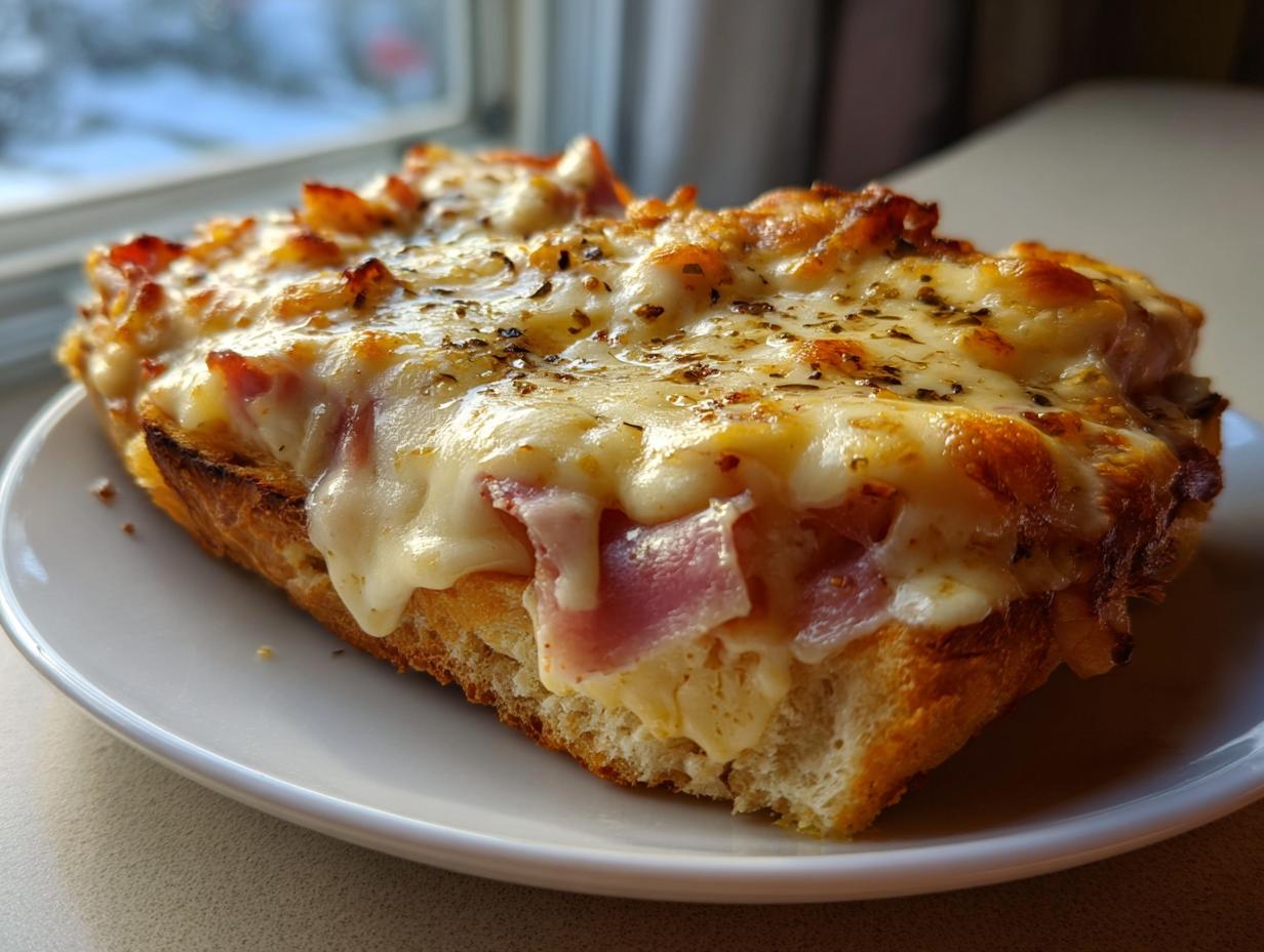 Close-up of a slice of Kentucky Hot Brown featuring thick, melted, browned cheese over ham on toasted bread.