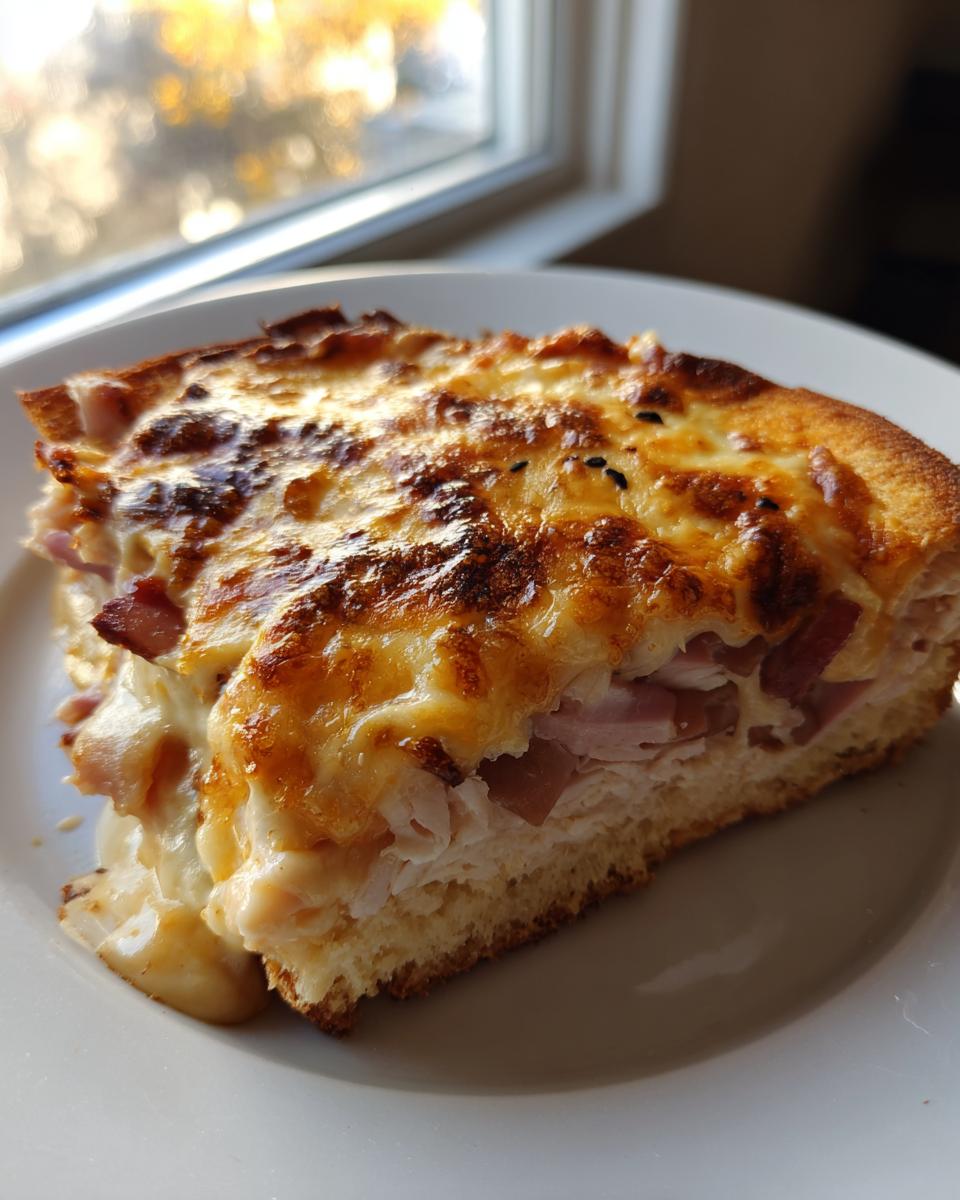 A thick slice of Kentucky Hot Brown featuring layers of turkey, ham, and bacon under a bubbly, broiled cheese sauce.
