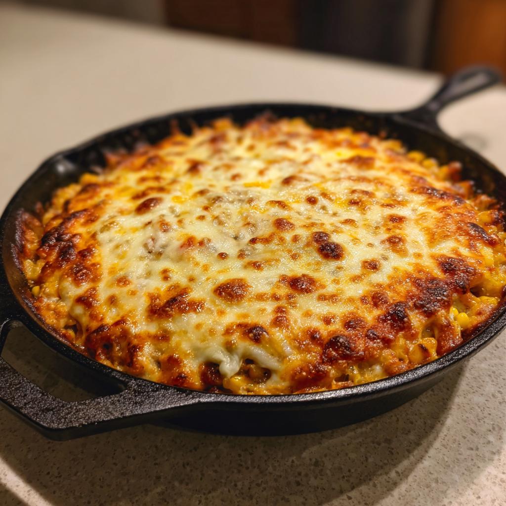A cast-iron skillet filled with bubbling, baked Korean bbq cheesy corn topped with a thick layer of melted, browned cheese.