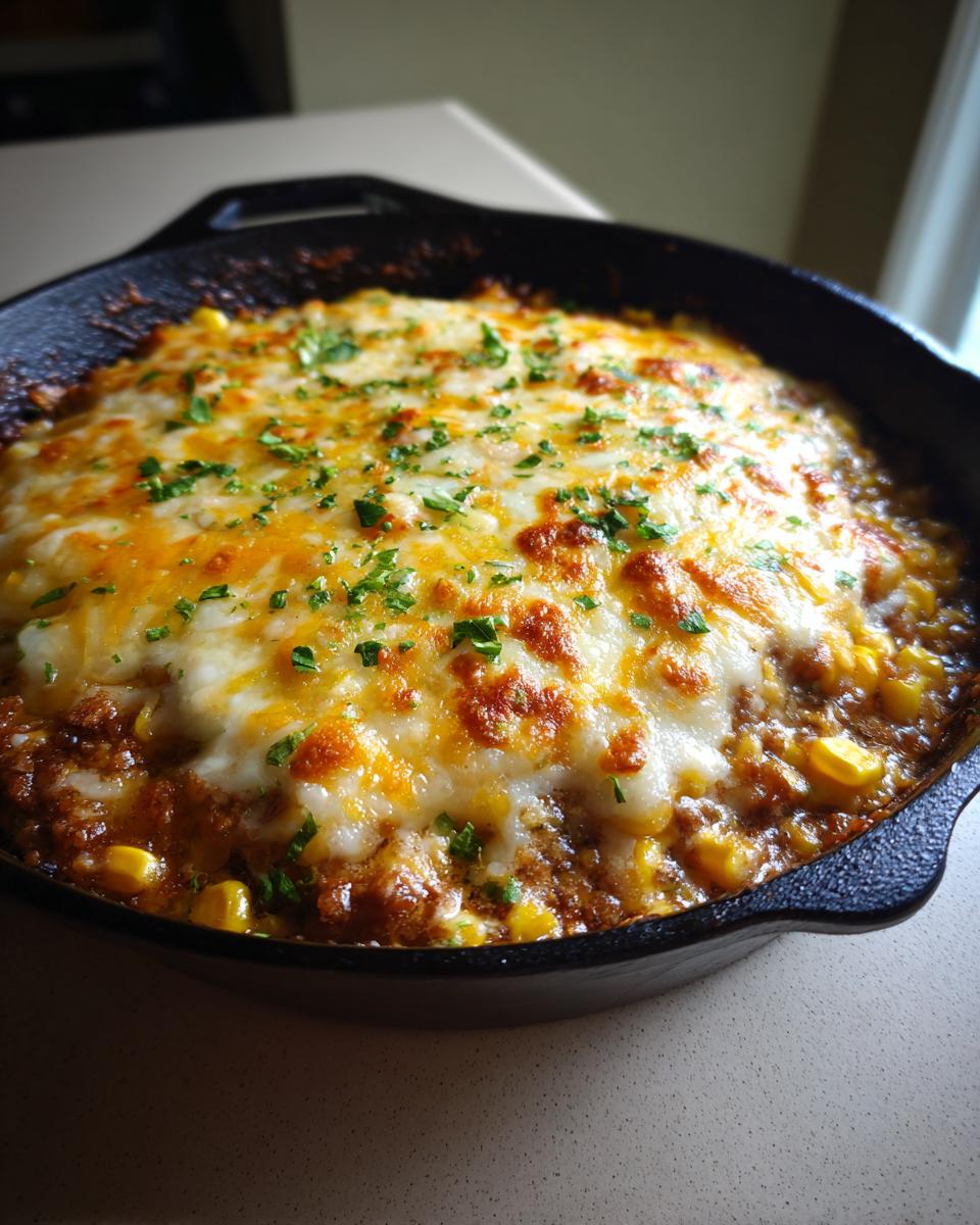Close-up of bubbling Korean bbq cheesy corn topped with melted cheddar and mozzarella, garnished with parsley in a black skillet.