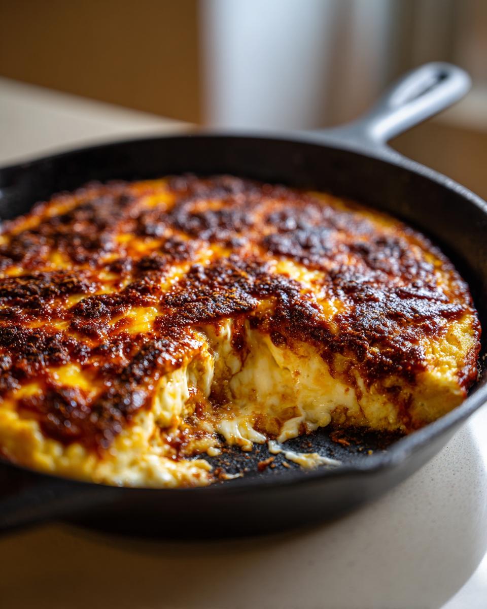 Close-up of bubbling, cheesy Korean bbq cheesy corn with a scoop removed, showing melted cheese.