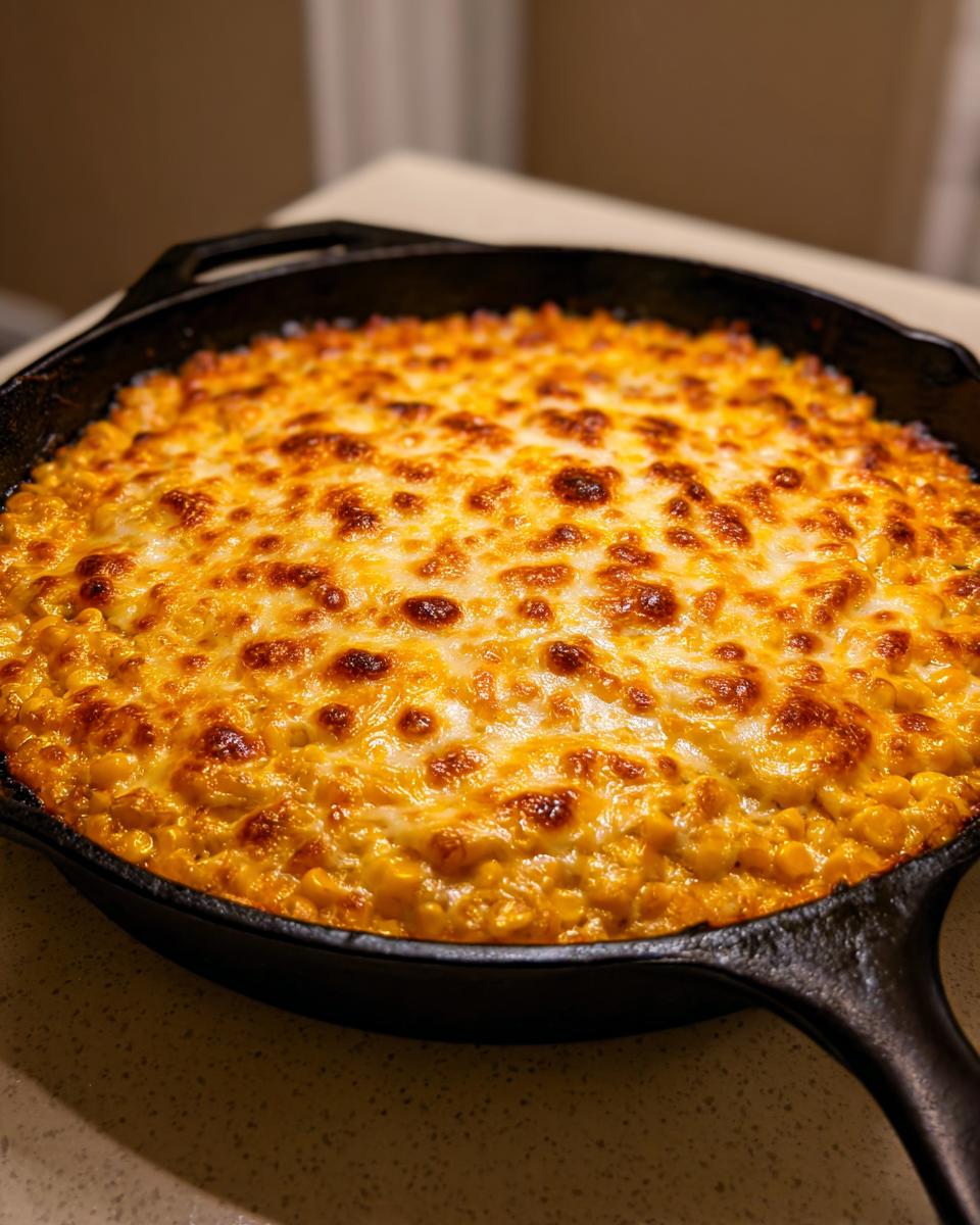 Close-up of bubbling, golden-brown melted cheese topping on Korean bbq cheesy corn served in a black cast iron skillet.