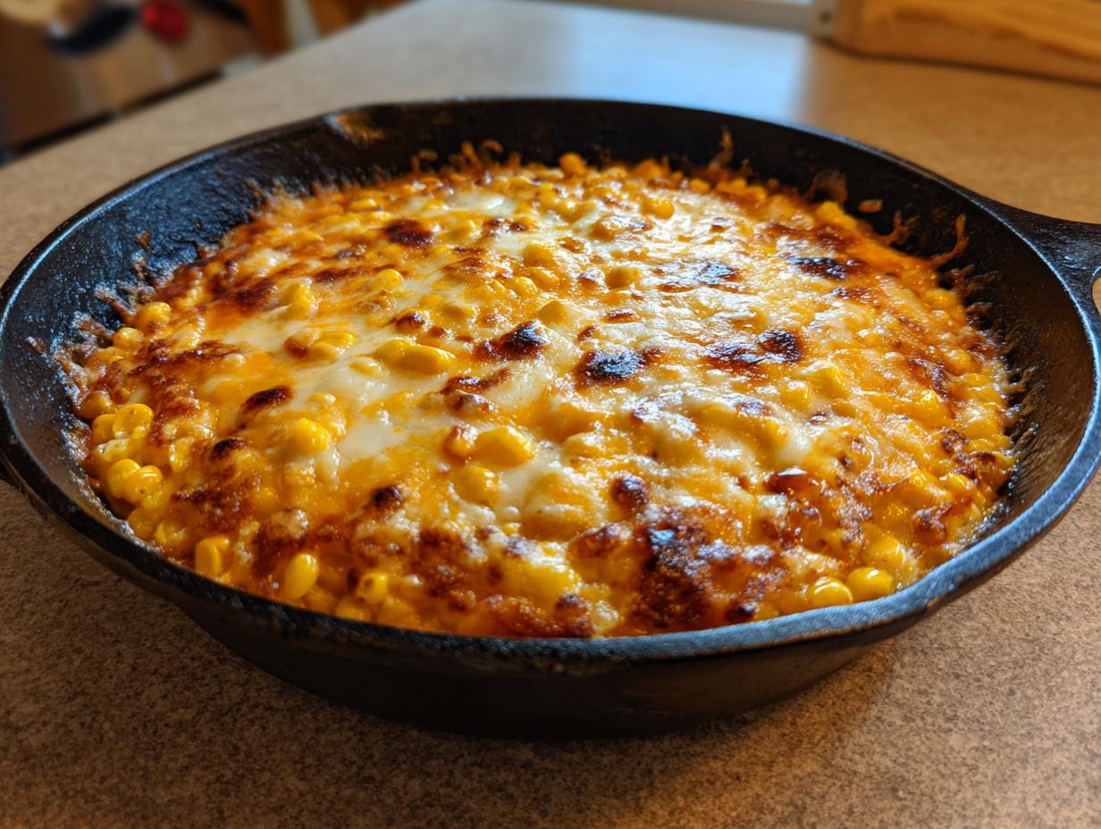 Close-up of bubbling Korean bbq cheesy corn topped with melted, browned cheese in a black cast iron skillet.