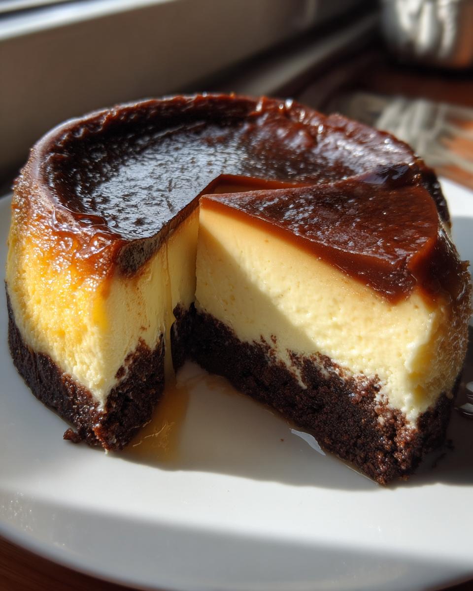 A slice cut from a whole Chocoflan, showing distinct layers of dark chocolate cake, creamy flan, and shiny caramel topping.