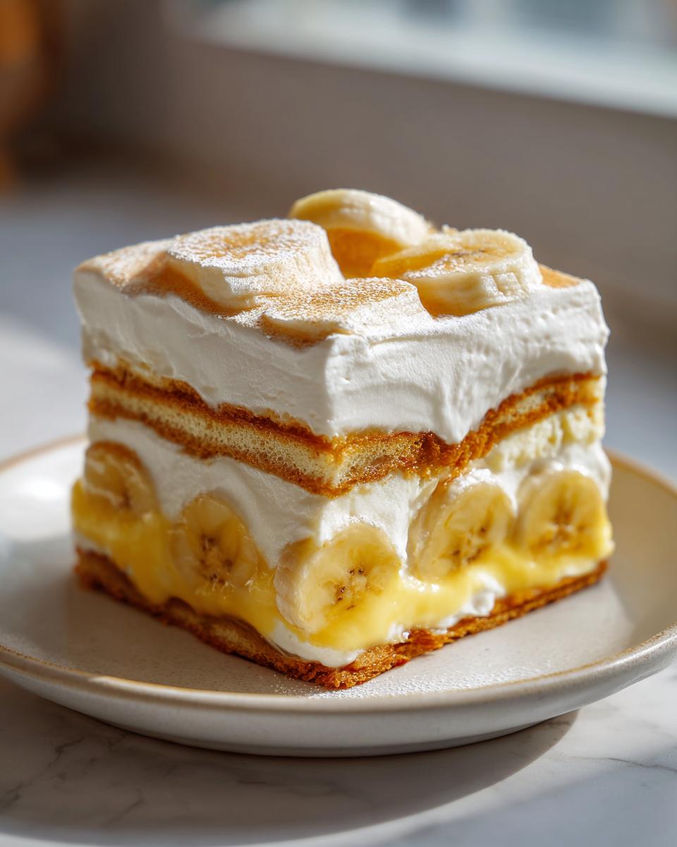 A perfect square slice of layered Southern banana pudding with vanilla wafers, bananas, and whipped cream.