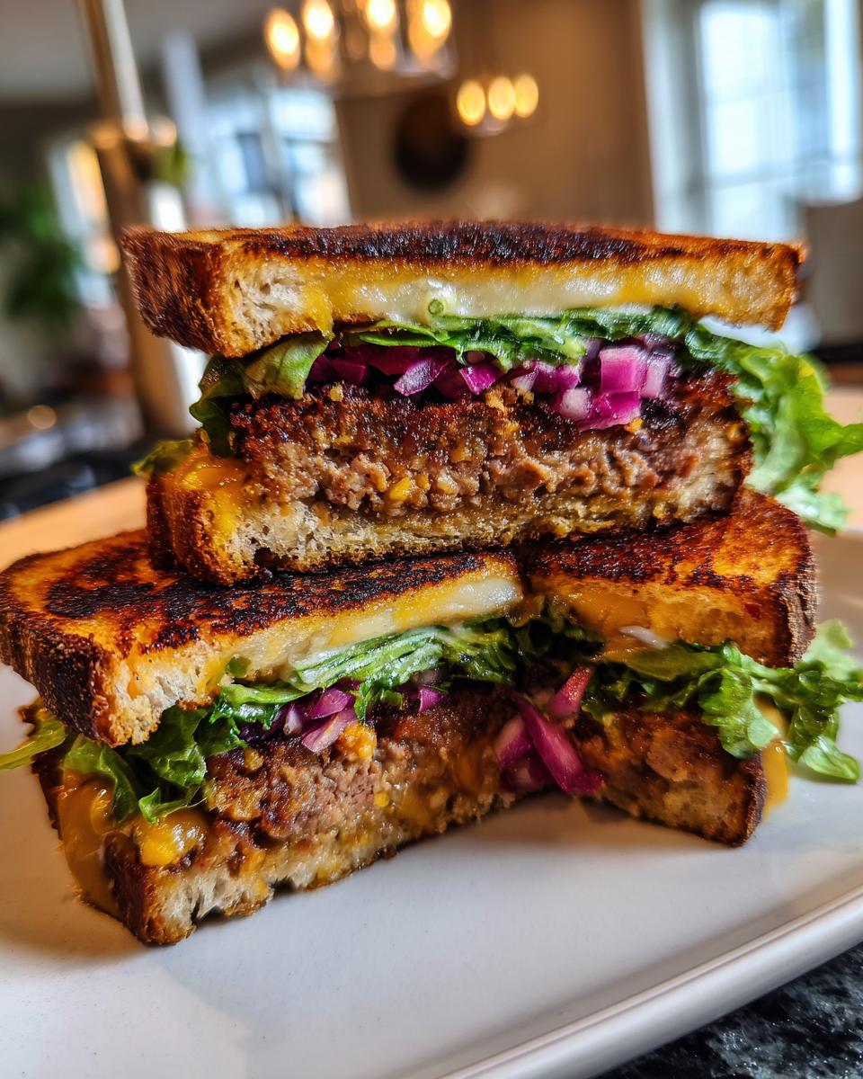 Cross-section view of a grilled sandwich featuring a thick leftover meatloaf patty, melted cheese, lettuce, and pickled red onions, making a perfect leftover meatloaf sandwich.