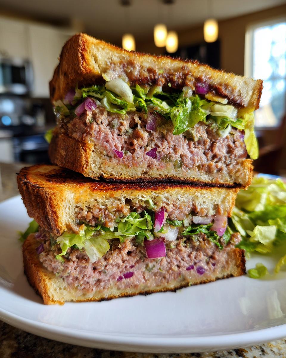 Close-up of a halved Leftover meatloaf sandwich showing thick meatloaf filling, lettuce, and red onion between toasted bread.
