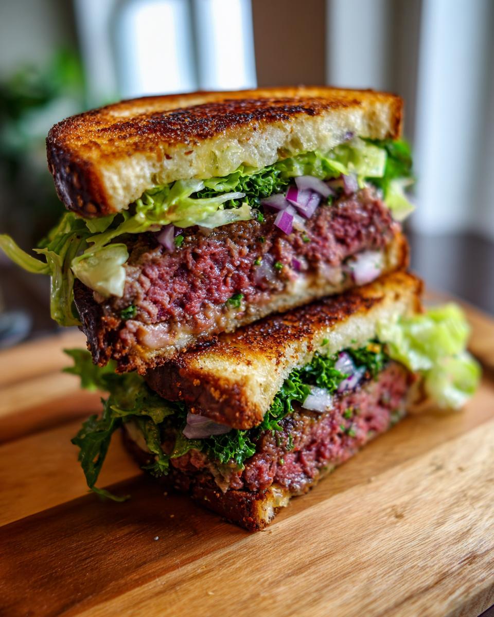 Cross-section view of a stacked leftover meatloaf sandwich featuring thick, pink meatloaf, lettuce, and red onion on grilled bread.