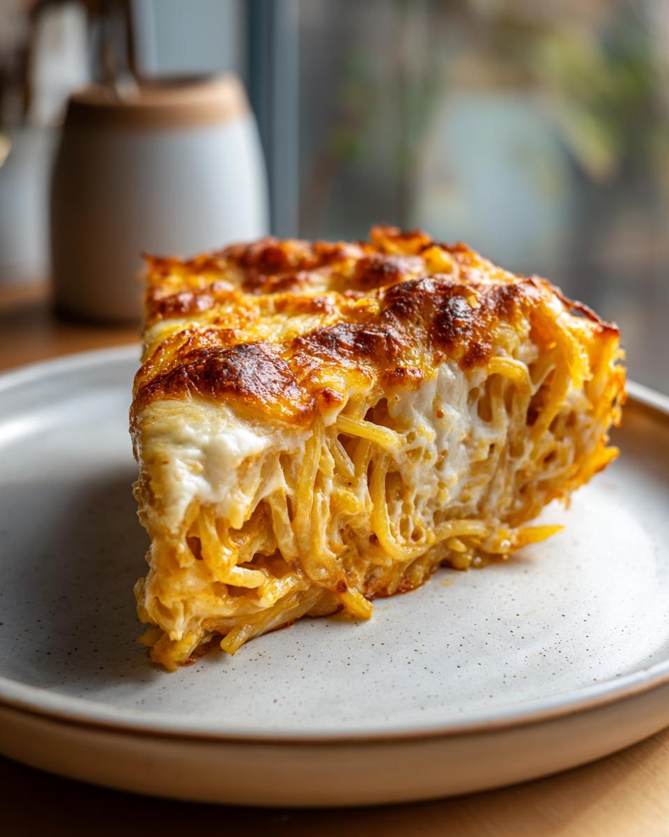 A thick slice of leftover spaghetti frittata showing cooked spaghetti bound with egg and topped with melted, browned cheese.