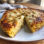 A thick slice cut from a round Leftover spaghetti frittata, showing the dense pasta interior and a browned, cheesy topping.