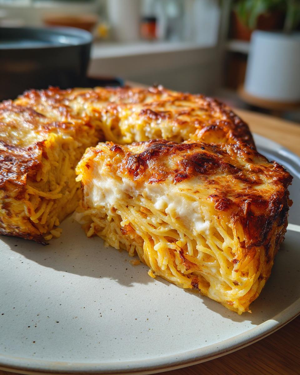 A thick slice of golden Leftover spaghetti frittata featuring layers of pasta and a browned, cheesy top.