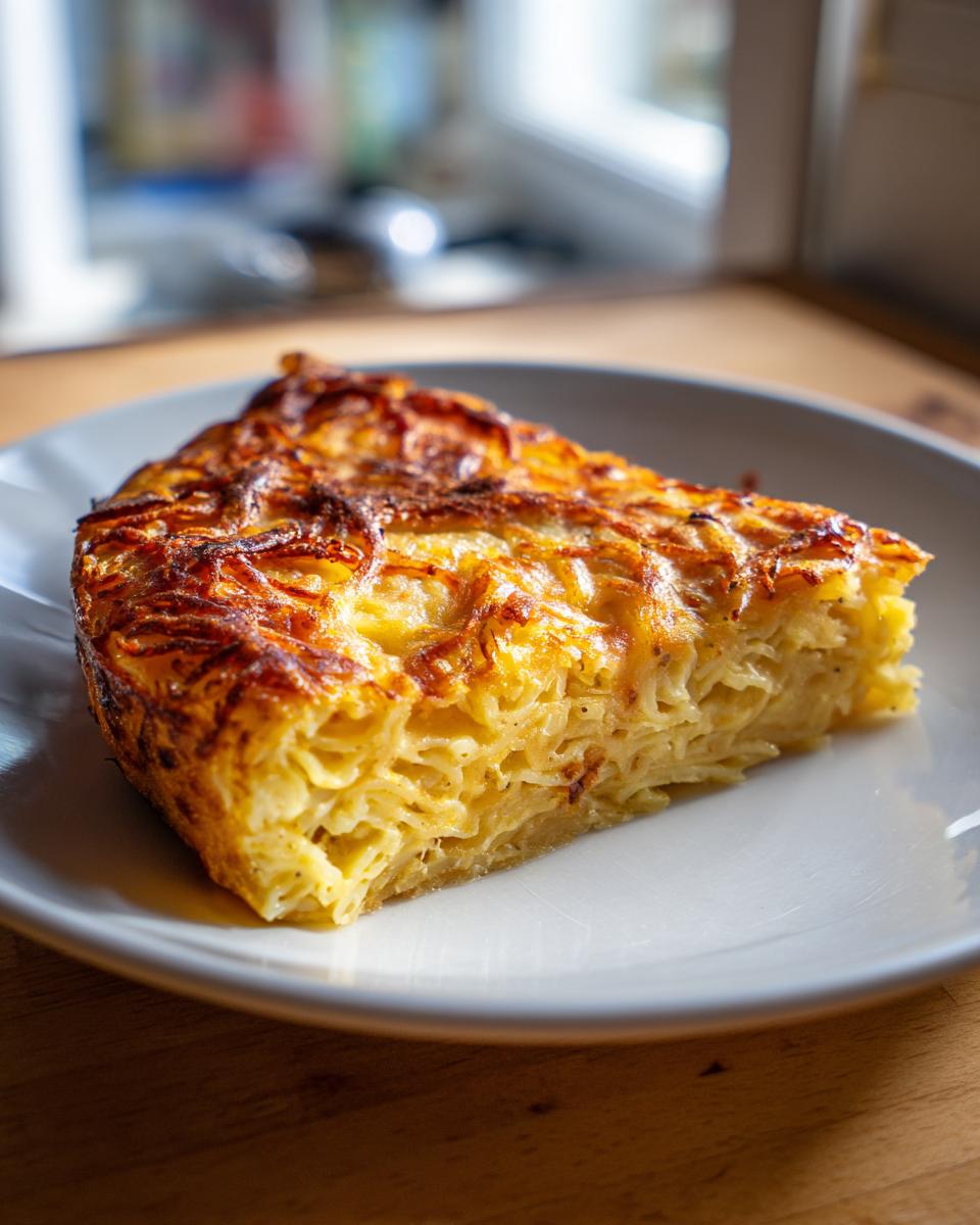 A thick slice of golden leftover spaghetti frittata showing layers of pasta and cheese on a white plate.