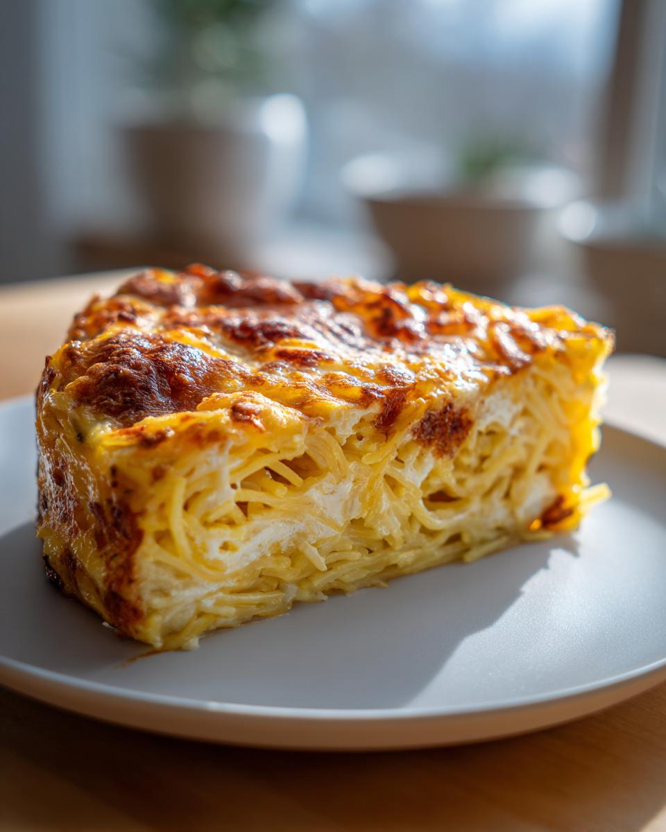 A thick slice of leftover spaghetti frittata showing cooked spaghetti bound with egg and cheese, served on a gray plate.