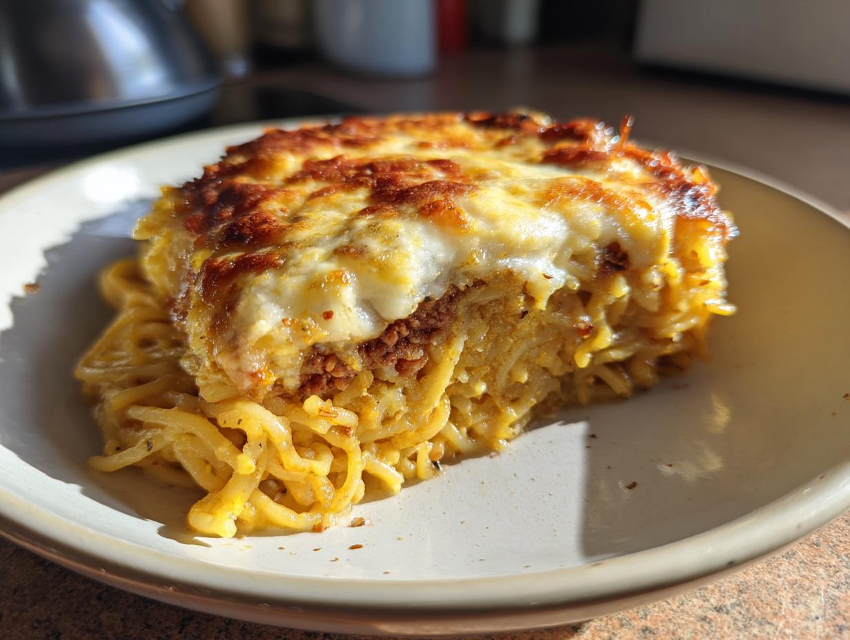A close-up slice of leftover spaghetti frittata featuring a thick layer of browned, melted cheese on top.