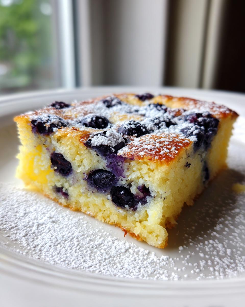 A close-up of a square slice of Lemon blueberry sheet pan pancakes, topped with fresh blueberries and dusted with powdered sugar.