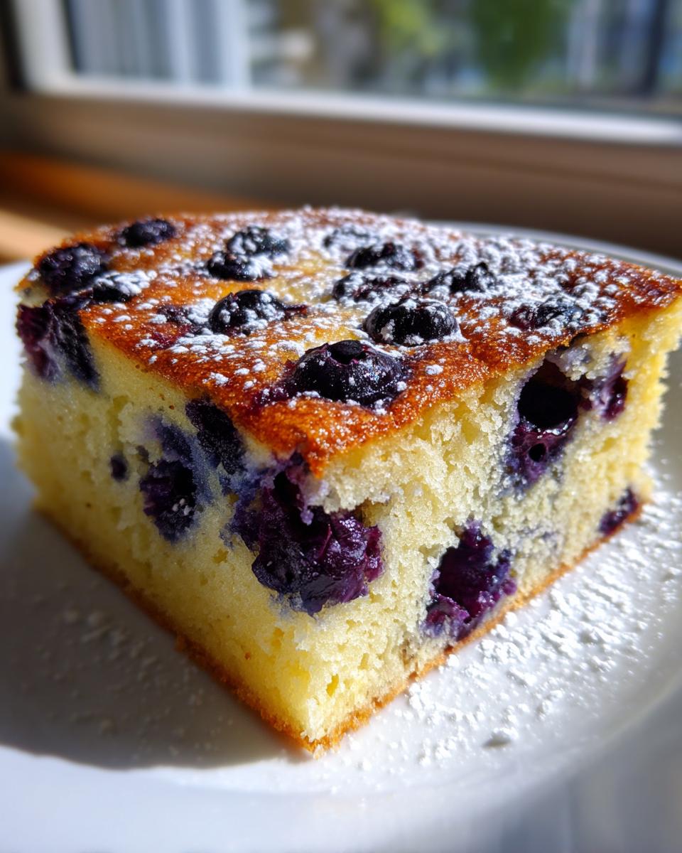 A square slice of moist Lemon blueberry sheet pan pancakes topped with fresh blueberries and dusted with powdered sugar.