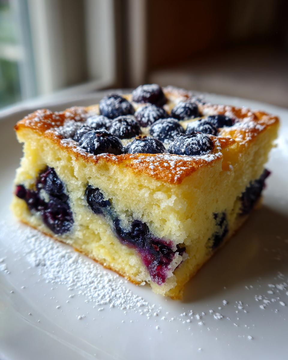 A square slice of fluffy Lemon blueberry sheet pan pancakes topped with fresh blueberries and dusted with powdered sugar.