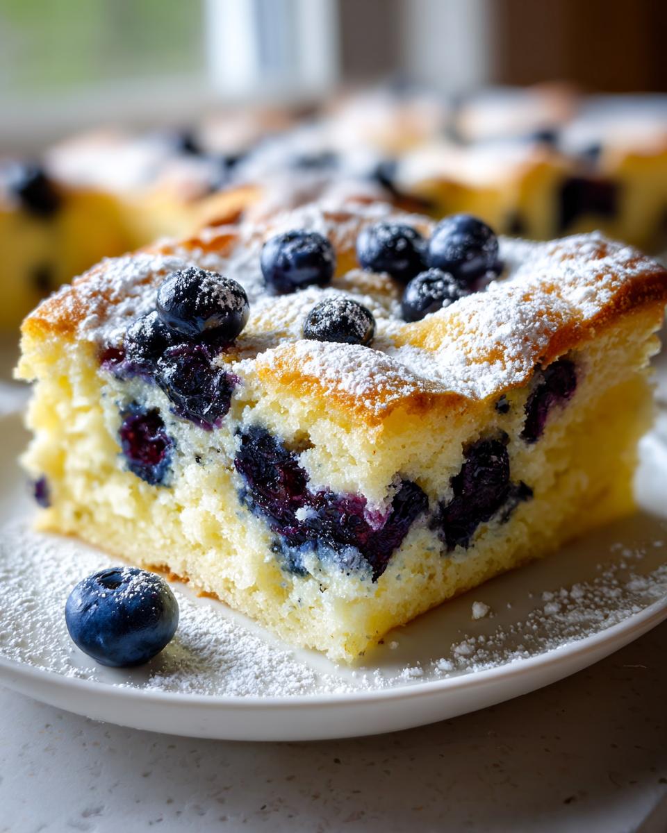 Close-up of a square slice of Lemon blueberry sheet pan pancakes, topped with fresh blueberries and powdered sugar.