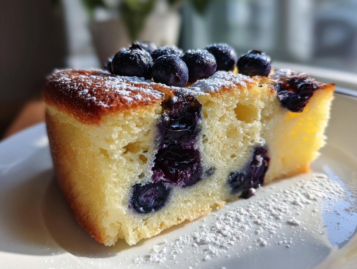 A close-up slice of moist Lemon blueberry sheet pan pancakes, topped with fresh blueberries and dusted with powdered sugar.