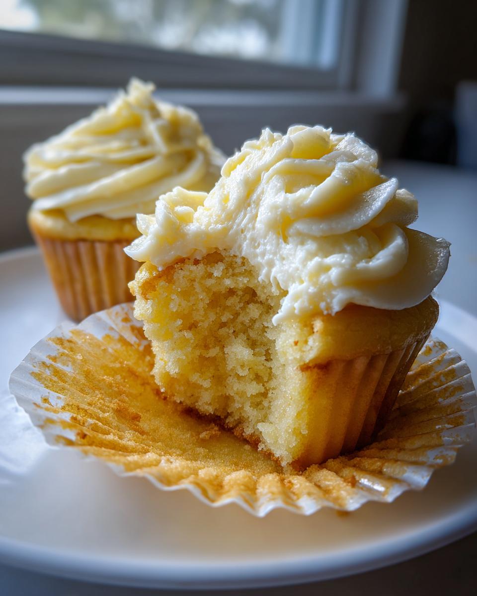Close-up of a delicious lemon cupcakes with creamy white frosting, showing the moist interior after a bite has been taken.