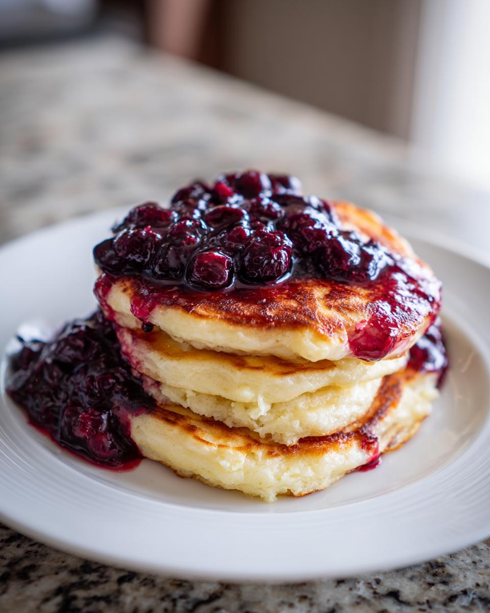 Stack of three fluffy Lemon Ricotta Pancakes topped generously with dark berry compote.
