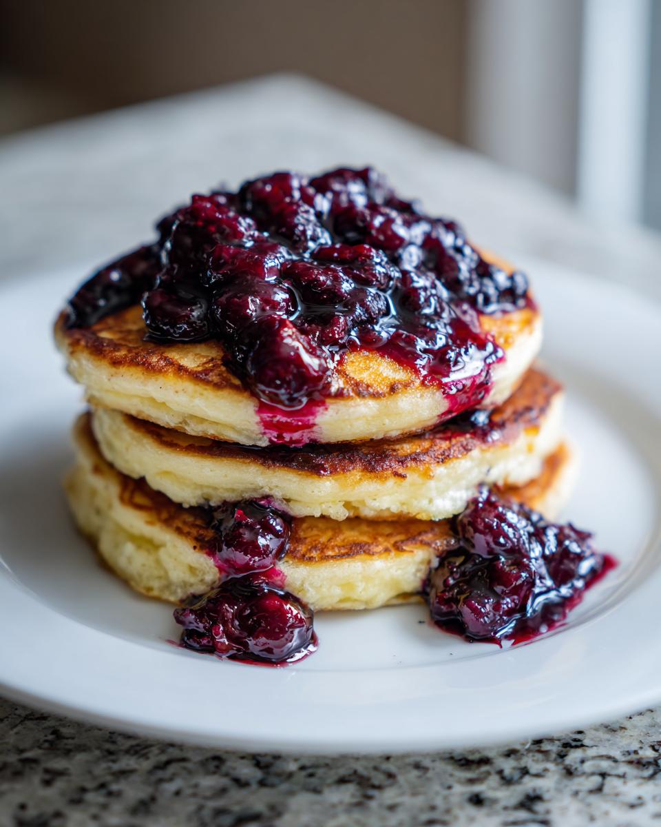 A stack of three fluffy Lemon Ricotta Pancakes topped generously with dark berry compote.