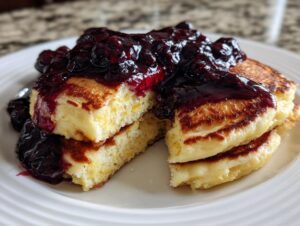 Close-up of fluffy Lemon Ricotta Pancakes stacked and cut open, topped generously with dark berry compote.