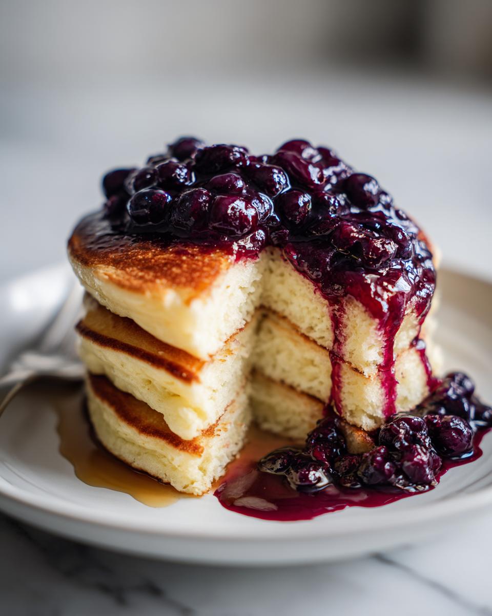 A stack of three fluffy Lemon Ricotta Pancakes cut open, topped with rich blueberry compote.