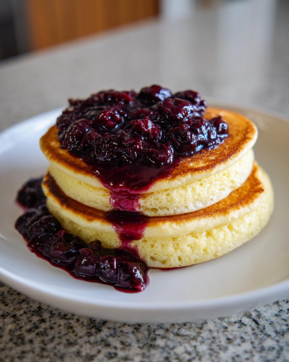 A stack of three fluffy Lemon Ricotta Pancakes topped generously with dark, rich blueberry compote.