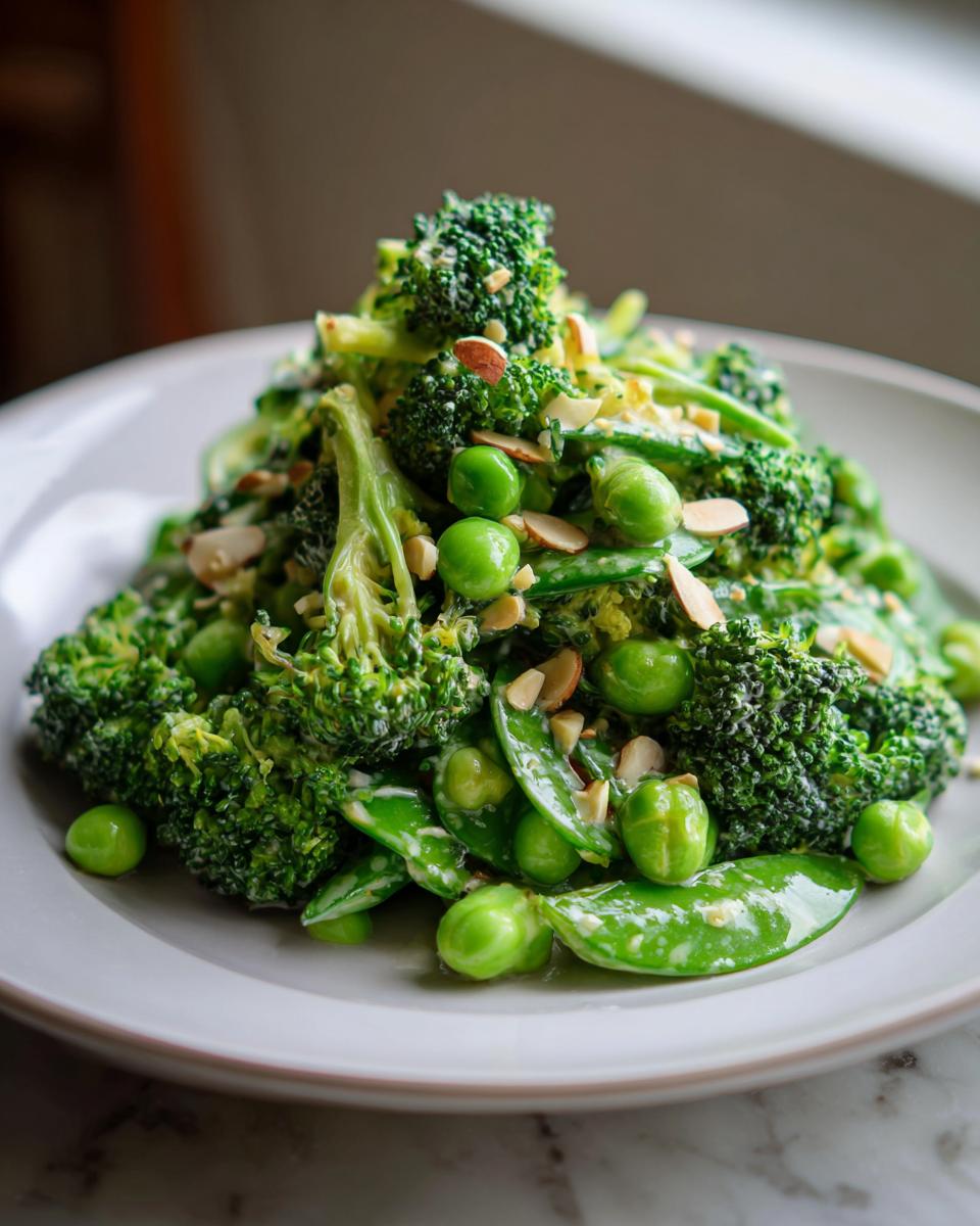 A vibrant mound of Lemony broccoli and sweet pea salad topped with slivered almonds on a light gray plate.