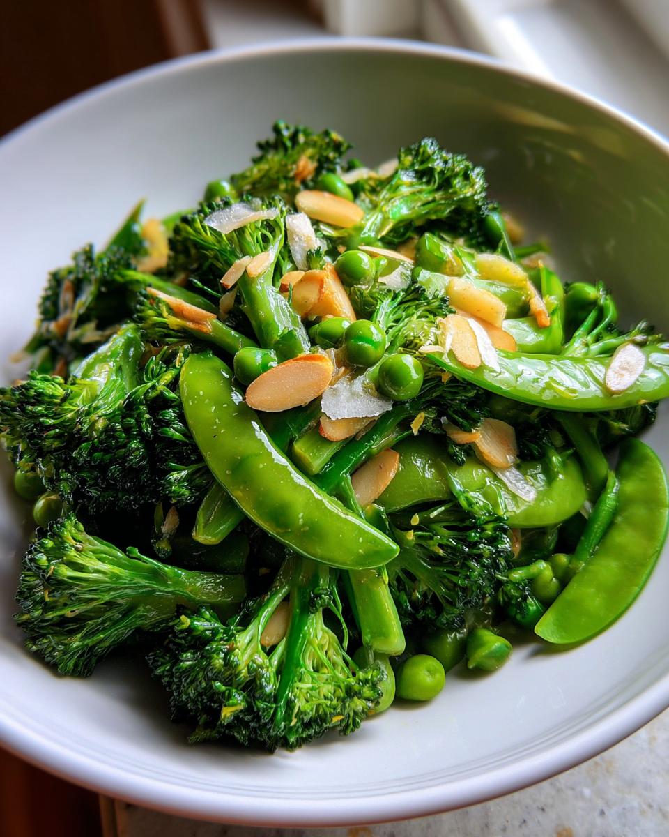 Close-up of bright green Lemony broccoli and sweet pea salad topped with toasted almonds and shaved cheese.