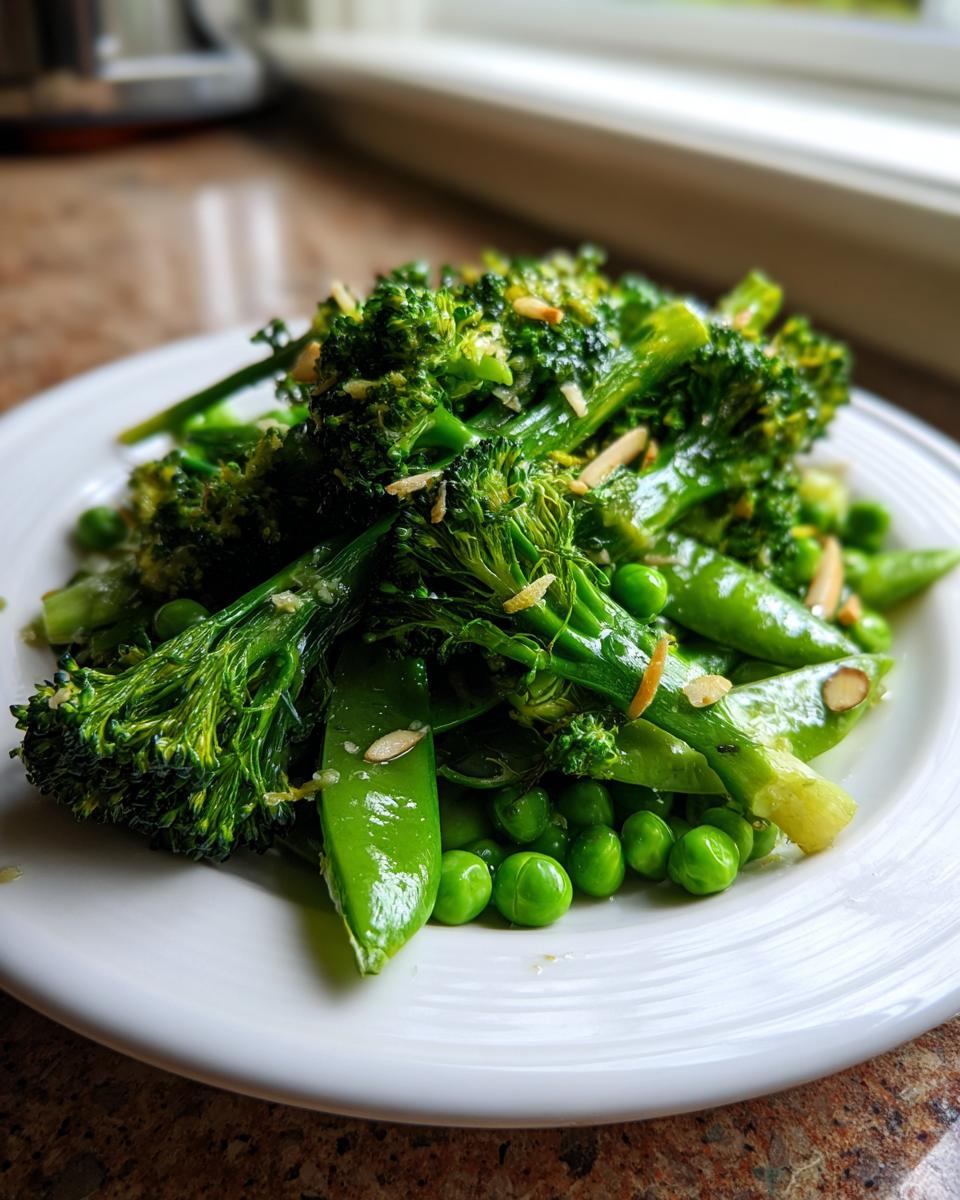 A close-up of a vibrant Lemony broccoli and sweet pea salad featuring bright green broccoli florets, snap peas, and shelled peas, topped with slivered almonds.