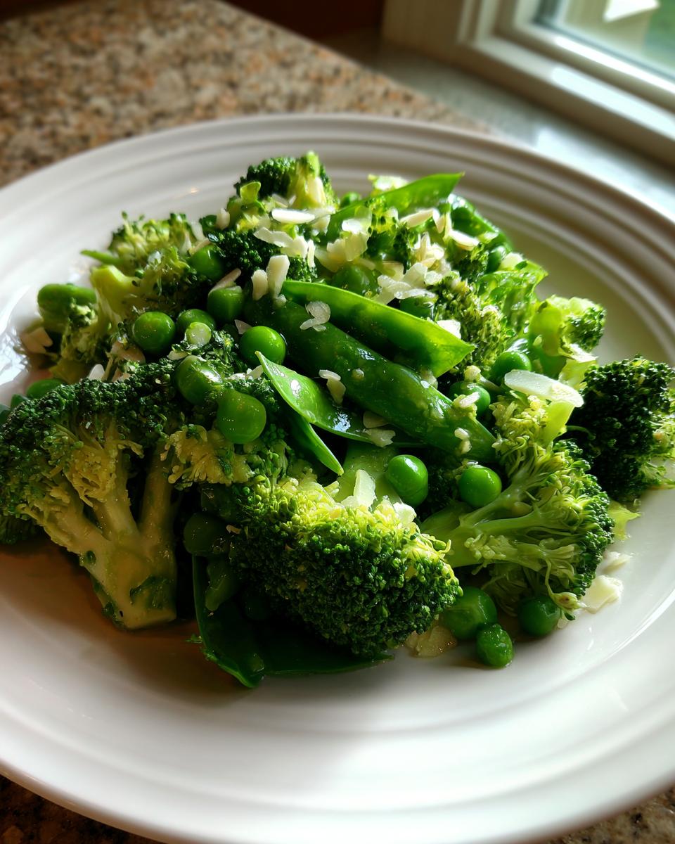 Close-up of a vibrant Lemony broccoli and sweet pea salad featuring bright green florets, peas, and snap peas, topped with slivered almonds.