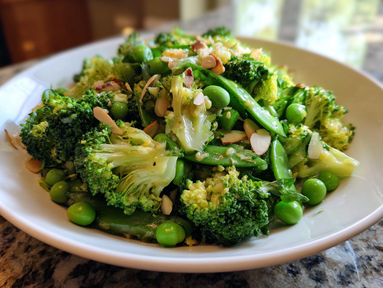 A close-up of a vibrant Lemony broccoli and sweet pea salad tossed with sliced almonds on a white plate.