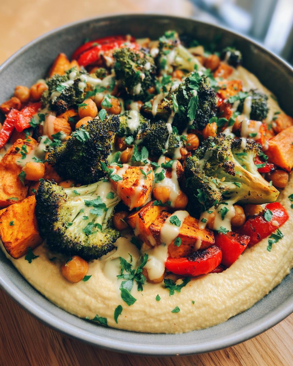 Close-up of a vibrant hummus bowl topped with roasted broccoli, sweet potatoes, chickpeas, and a tahini drizzle.