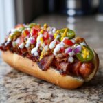 A fully loaded Sonoran hot dogs wrapped in bacon, topped with diced tomatoes, onions, jalapeños, mustard, and crema.