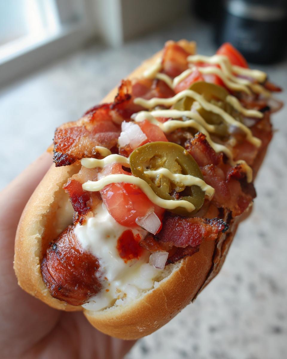 Close-up of a fully loaded Sonoran hot dogs wrapped in bacon, topped with cream, tomatoes, onions, and jalapeños.