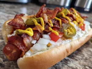 A close-up view of a fully loaded Sonoran hot dogs wrapped in bacon, topped with jalapeños, mustard, and onions.