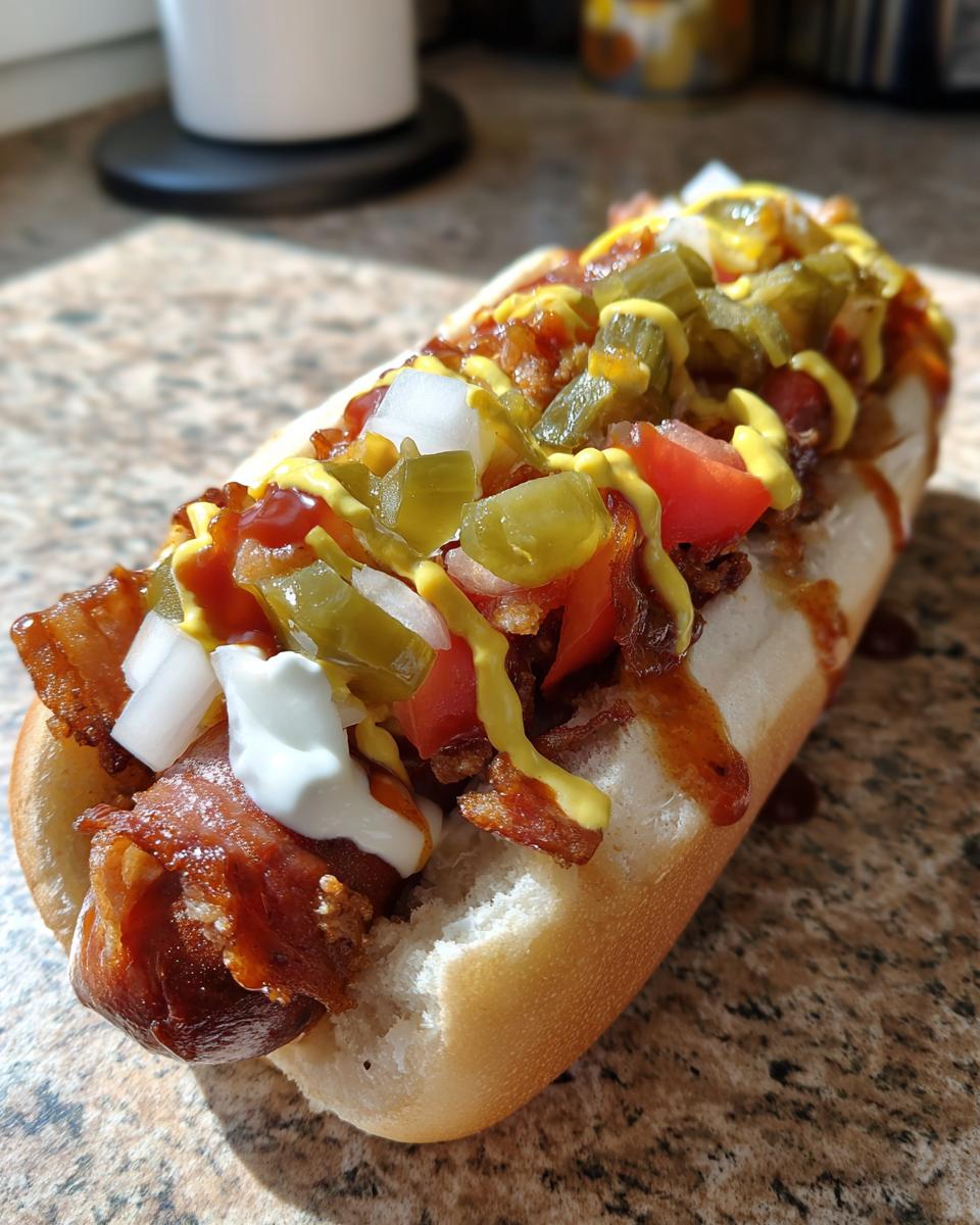 A close-up of a fully loaded Sonoran hot dogs wrapped in bacon, topped with onions, tomatoes, relish, mustard, and crema.