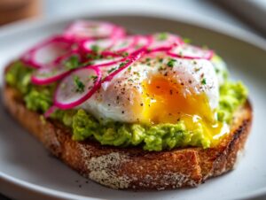 Close-up of luxury avocado toast topped with mashed avocado, a runny poached egg, and bright pink pickled radish slices.