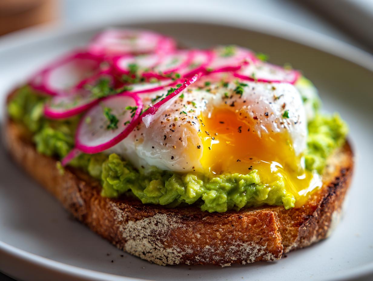 Close-up of luxury avocado toast topped with mashed avocado, a runny poached egg, and bright pink pickled radish slices.